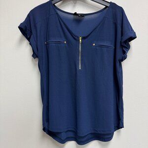 Women’s navy blue size large blouse with gold zippers flower & feather